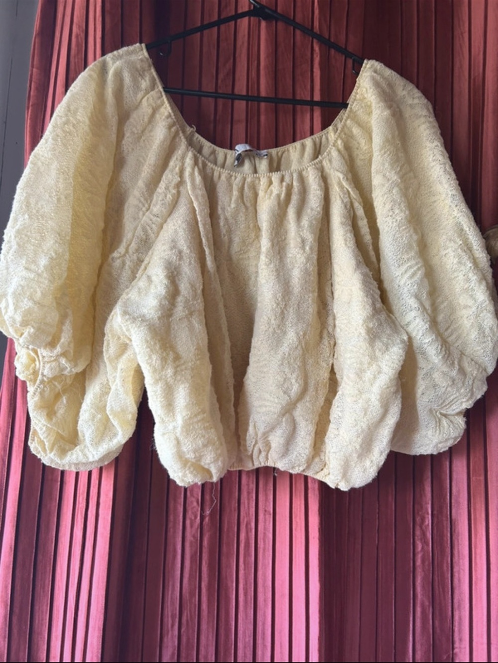 Zara Pale Yellow Textured Puff Sleeve Blouse